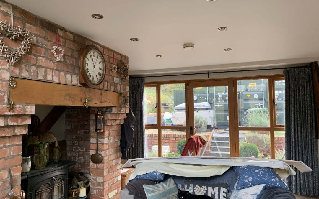 Cozy living room with a rustic brick fireplace, clock, and a comfy sofa with decorative pillows, featuring a cat lounging on the couch.